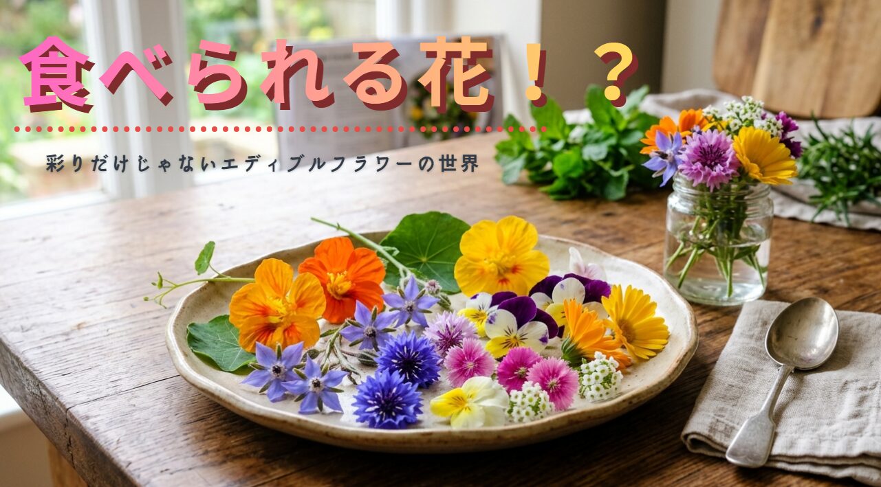 盛り付けられた色鮮やかなエディブルフラワー（パンジー、ビオラ、ナデシコなど）のイメージ