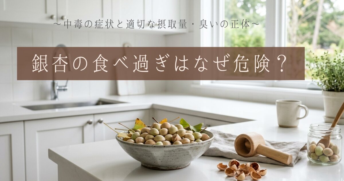 秋の味覚である殻付きの銀杏。鮮やかな黄色い実と、独特な臭いの原因である酪酸・エナント酸の解説イメージ