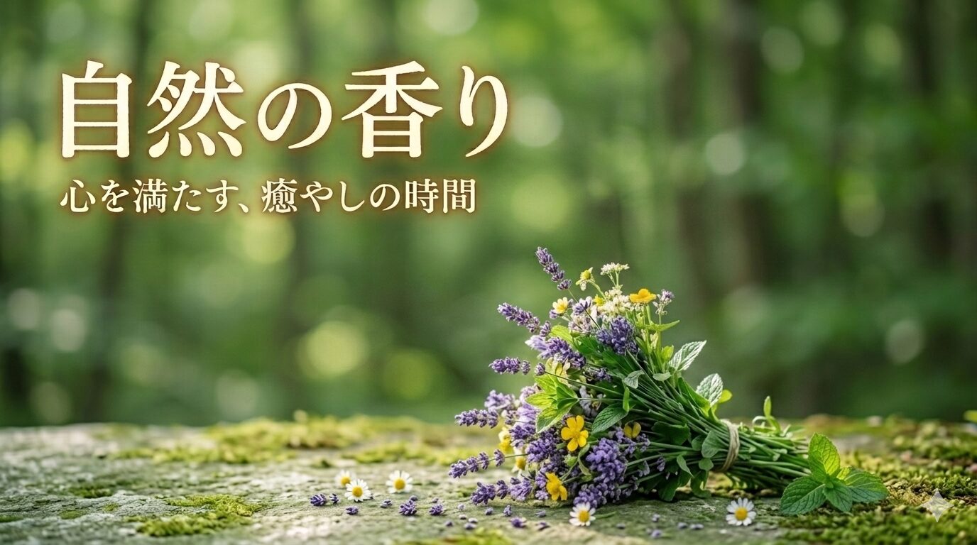 森の中で深呼吸する女性と、フィトンチッドやゲオスミンの分子構造イメージを重ねた、自然の香りの科学的メカニズムを解説する画像