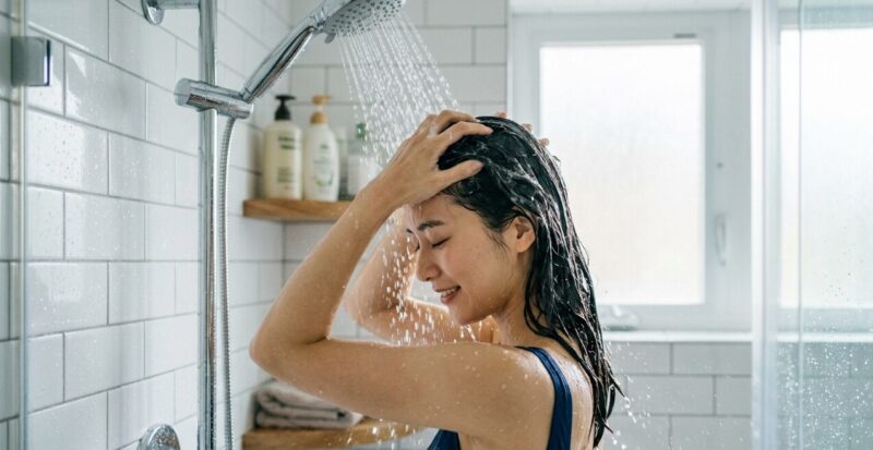 自宅のスパでヘアケアを楽しむ女性。白いタオルを肩にかけ、温水で髪を洗い流している。水しぶきが舞い、健康的で爽やかな雰囲気。
