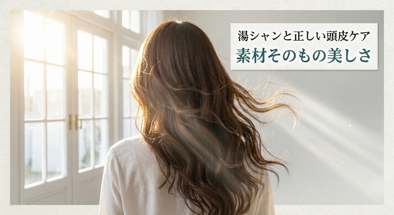 湯シャンと正しい頭皮ケアで健やかになった髪のイメージ。光が差し込む明るい室内で風になびく艶やかなロングヘアの後ろ姿。