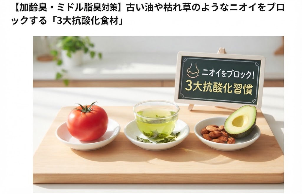 加齢臭やミドル脂臭対策に効果的な3大抗酸化食材（トマト、緑茶、アーモンド・アボカド）が並んだ木製ボード