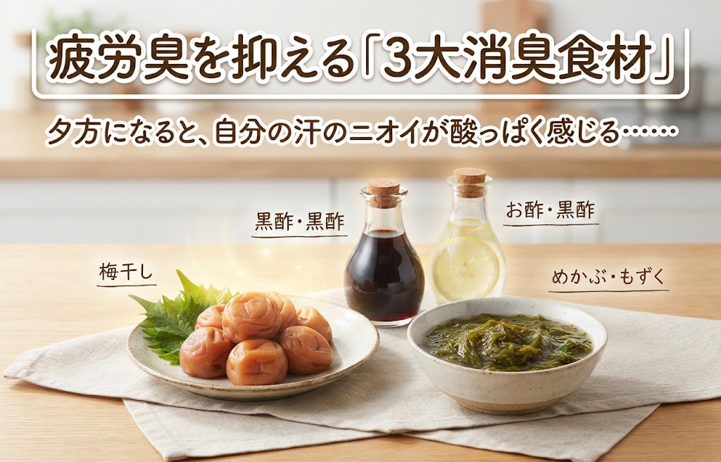 夕方の酸っぱい汗や疲労臭を抑える「3大消臭食材」（梅干し、お酢、めかぶ）のイメージ画像