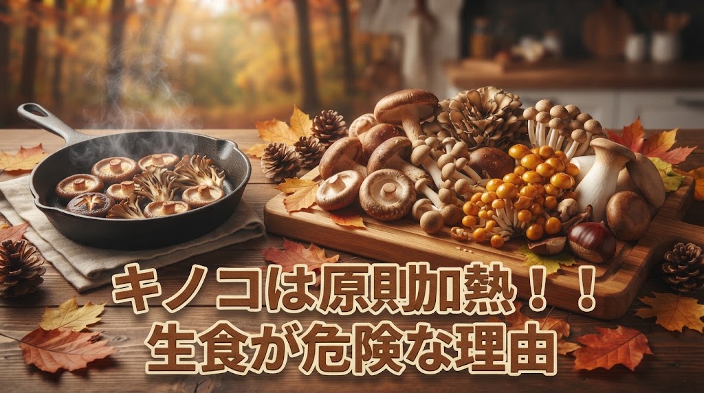 秋のキノコ（マツタケやシイタケなど）とスキレットで加熱調理している様子、キノコは原則加熱が必要な理由を解説するアイキャッチ画像