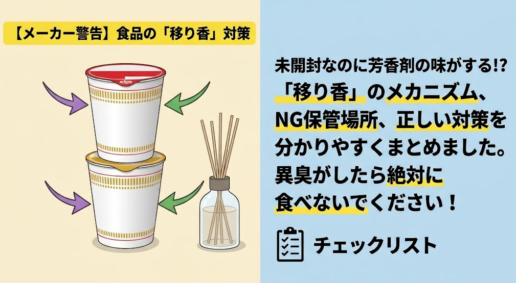 未開封のカップ麺に芳香剤のにおいが移る「移り香」のメカニズムと対策を解説するアイキャッチ画像